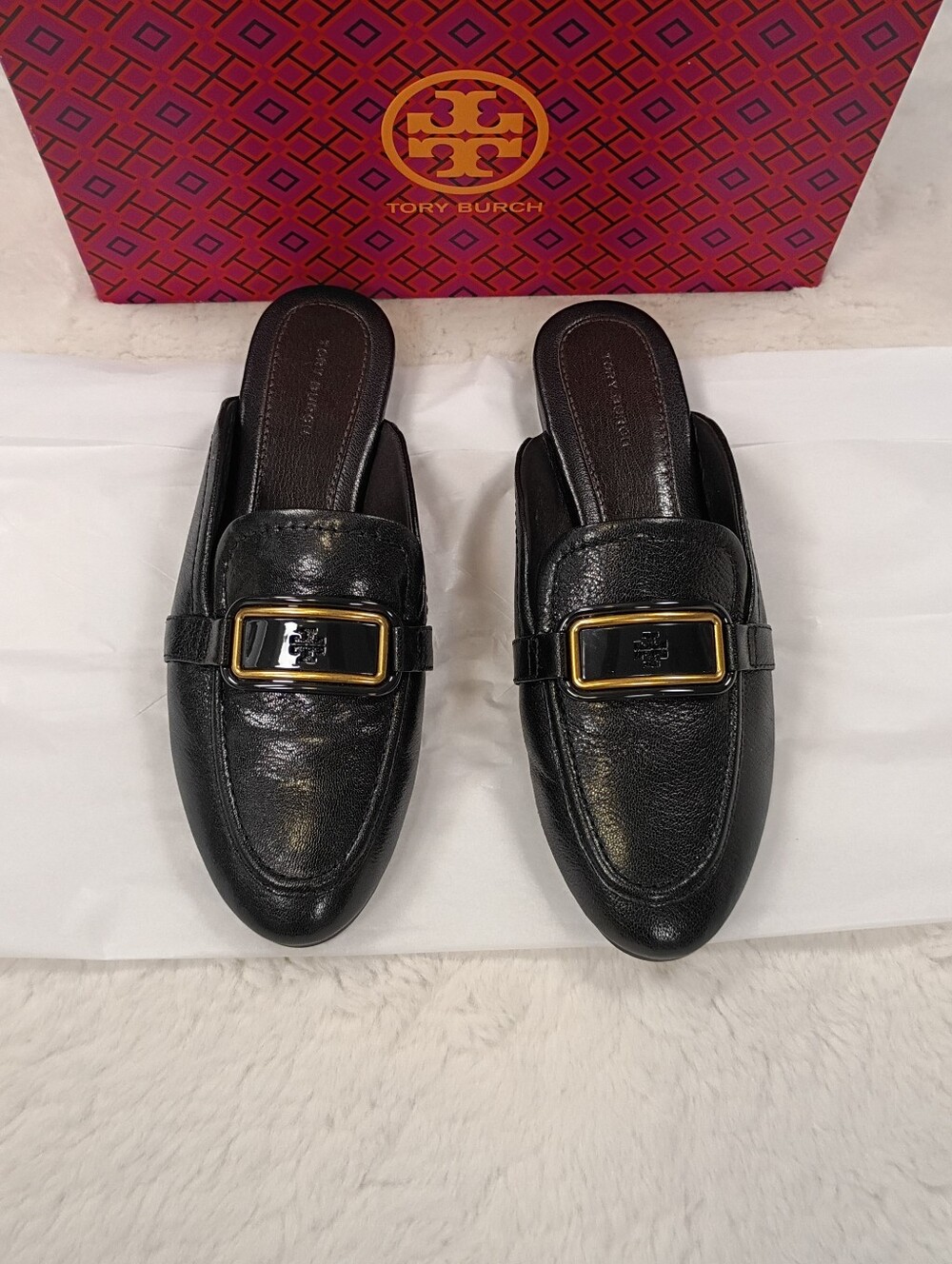 Tory Burch Georgia Black Leather Backless Loafers Mules 7.5 M W/ Box - Excellent